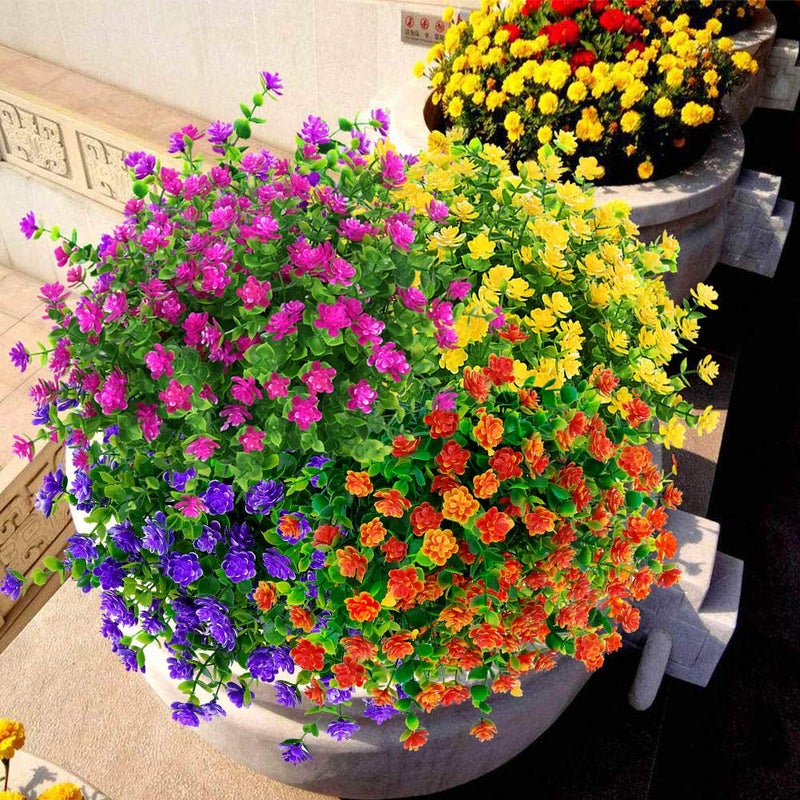 KLEMOO Artificial Flowers Fake Outdoor UV Resistant Boxwood Plants Shrubs 4 Pack, Faux Plastic Greenery for Indoor Outside Hanging Planter Home Office Wedding Farmhouse Decor (Red) - Image 3
